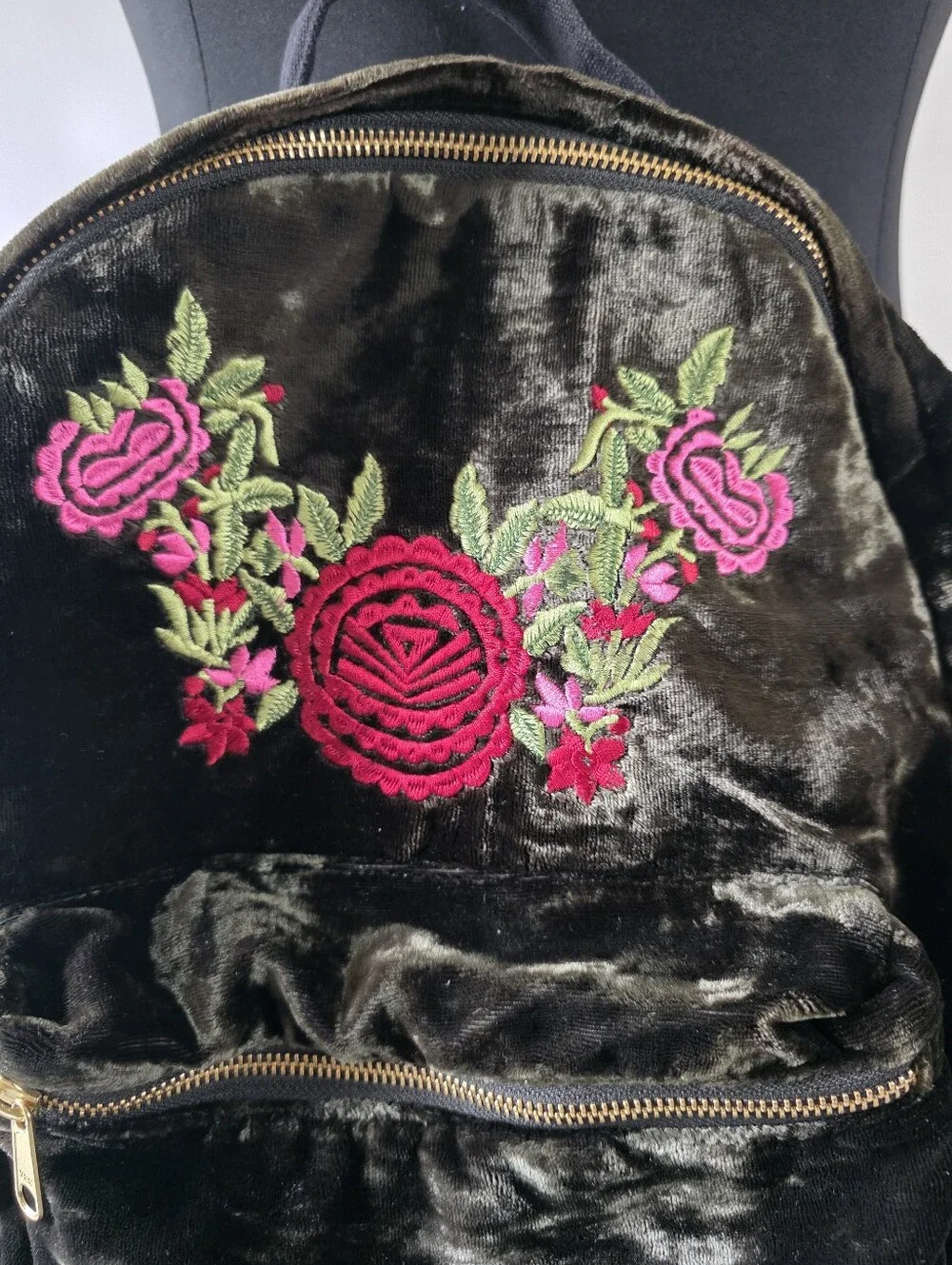 World Market Velvet Backpack Floral Embroidery Zip Pockets Plush Wearable Art